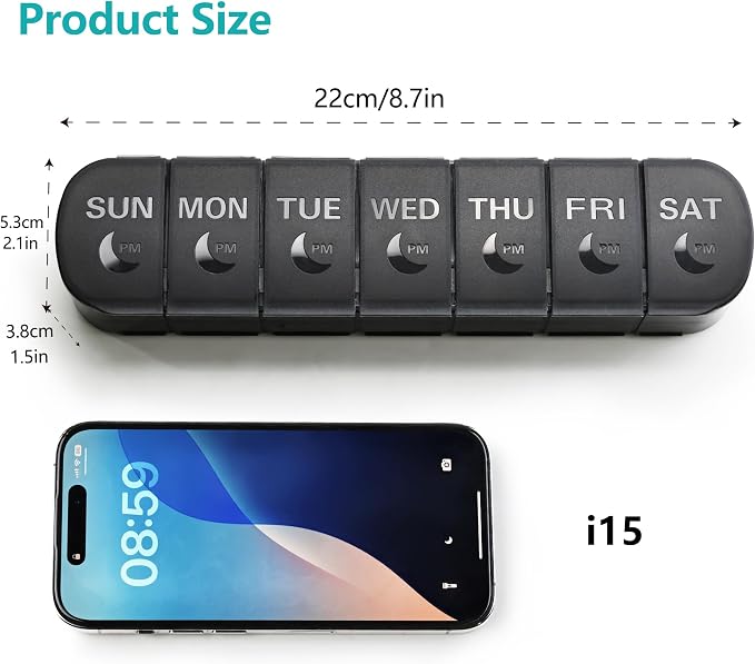 FHORAIN XL AM PM Pill Organizer 2 Times a Day, Fade Resistant Extra Large Weekly Pill Box 7 Day, Double-Sided 14 Compartments for Vitamins, Fish Oil, Supplements & Gummies (Black)