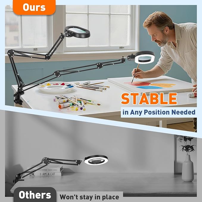KIRKAS 12X Magnifying Glass with Light, 3-axis Rotation Magnifying Lamp | 35in Long Arm LED Lighted Magnifier Real Glass Lens for Repair Craft Sewing Workbench, Knob Stepless Dimming and Color