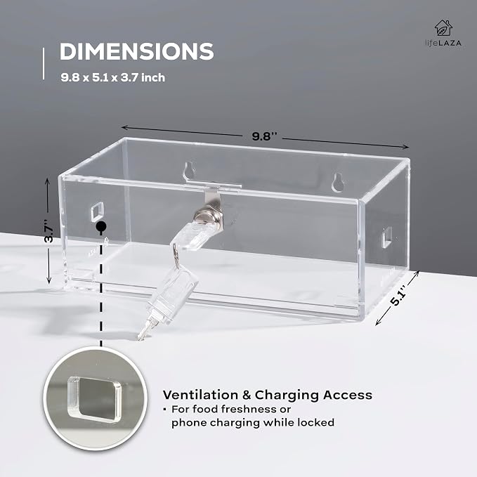 LifeLAZA Acrylic Refrigerator Lock Box, Medication Lock Box With 4 Key, Wall Mount Clear Safe Lockbox with Labels for Phone, Fridge, Food, Medicine