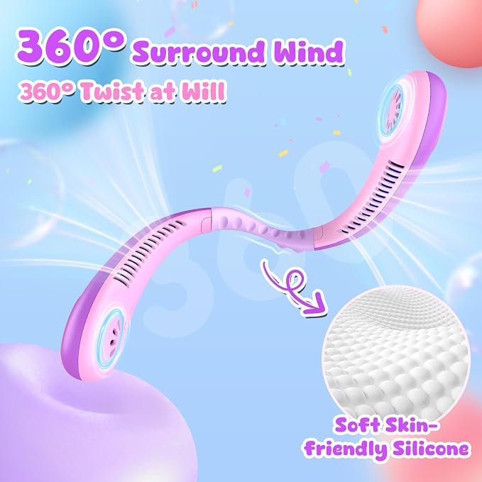 Kids Portable Neck Fan, Bladeless Fan for Kids, Safe Kids Rechargeable Cooling Fan for 4-14Y Girls, 2600mAh Personal Fans for Your Neck, 4 Speeds & Lightweight, Summer Essentials Gifts for Kids