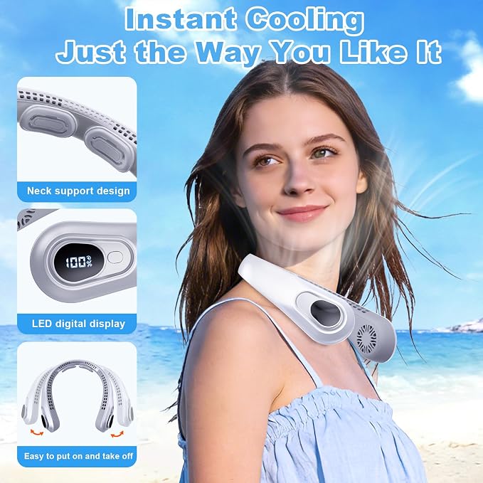Portable Neck Fan Rechargeable - [with LED Display] 5 Speeds, 5000 mAh Battery Operated Wearable Personal Cooling Bladeless Fan for Outdoor Travel, Gifts for Men Women Kids,Gray