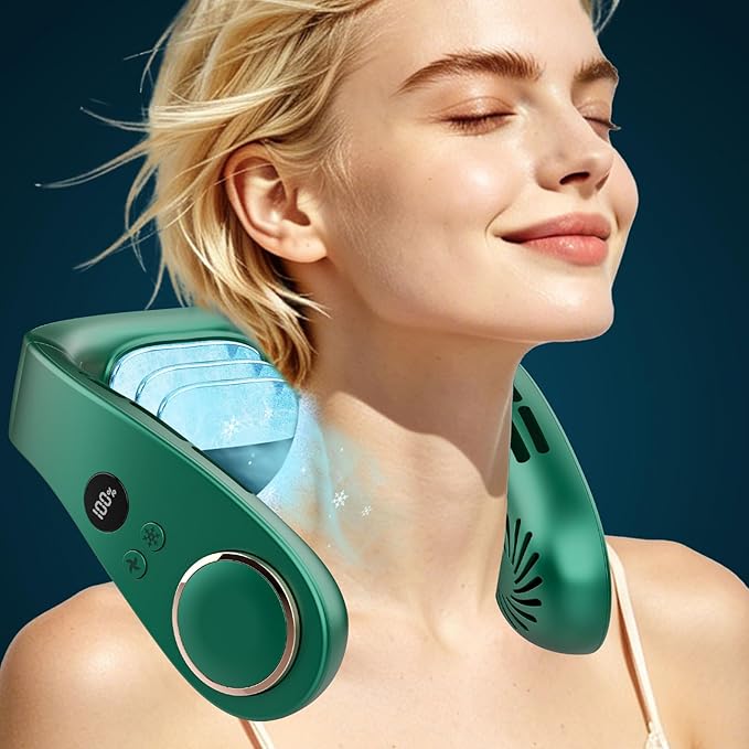FWV Personal Neck Fan with Cooling Plate, Noiseless 5-Speed Airflow, 5500mAh 3-24H Battery, LED Display Wearable Head Fans, Bladeless Portable Neck Air Conditioner for Worker Traveler Runner Green