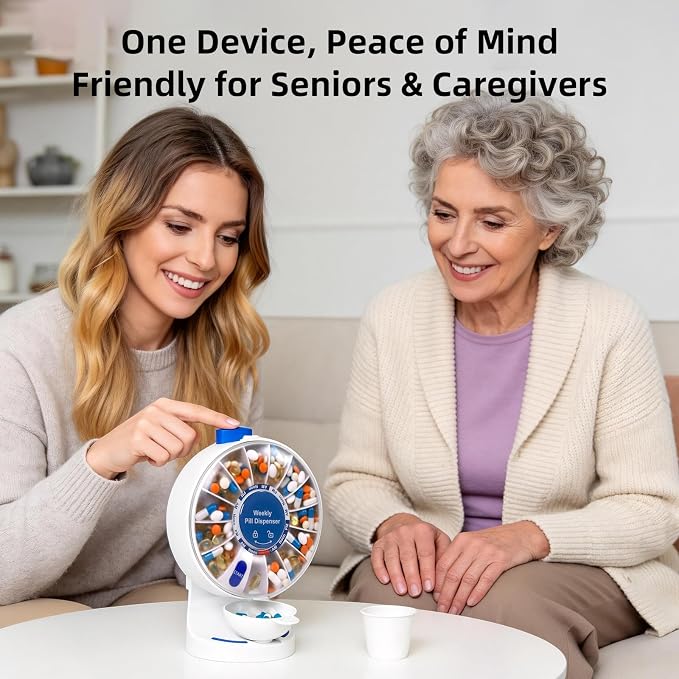 EziMedPil One-Touch Button Pill Organizer with No-Flip Design & Child Lock | Braille Symbol Friendly for Elderly, Standing Use or Wall-Mounted or Glass-Sticking Pill Container for Vitamin & Medicine