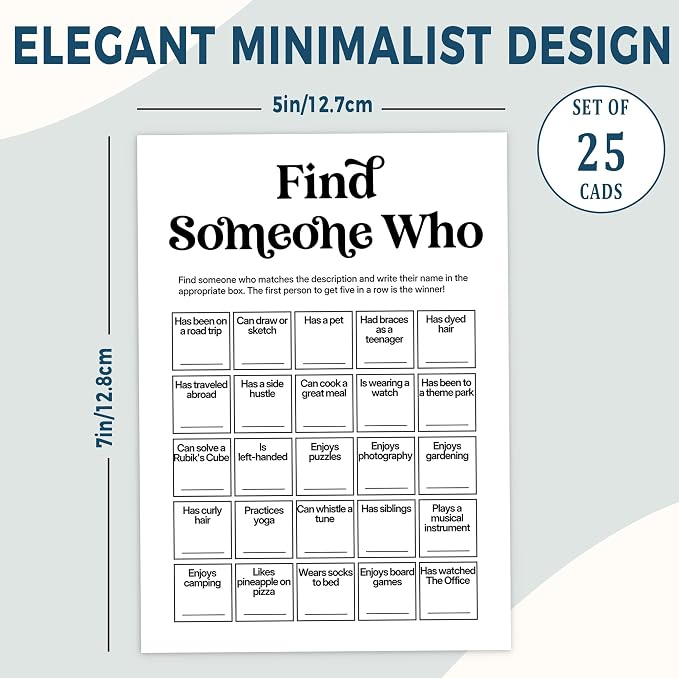 Team Building Games for Work Adults – Find Someone Who Bingo Game, 25 Unique Human Bingo Cards 5x7 Inch, Ice Breaker & Office Games for Parties, Meetings & Events - A05