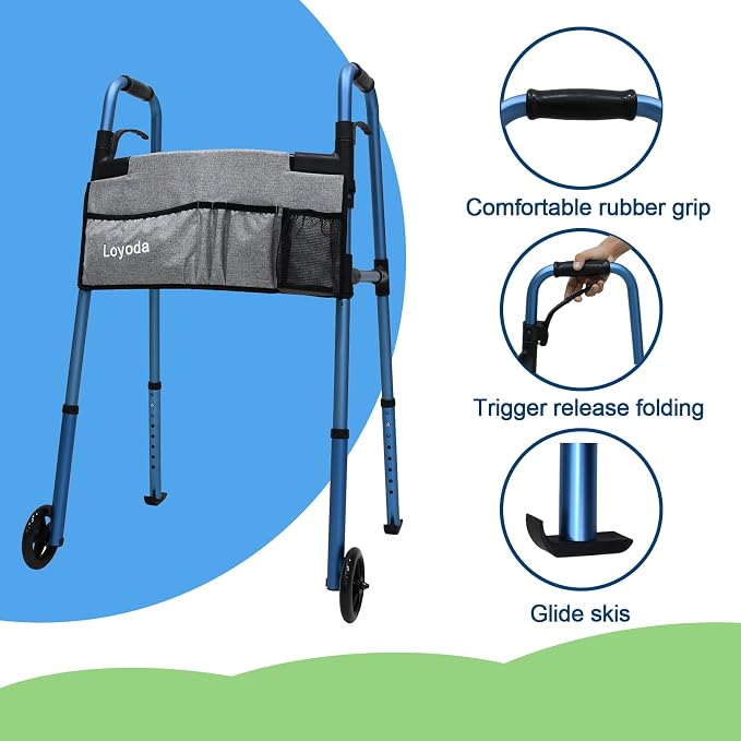 Loyoda Folding Walker for Seniors, Lightweight Aluminum Standard Walker | Trigger Release Foldable, 5" Front Wheels, Height Adjustable, Storage Bag, Ski Glides, Blue
