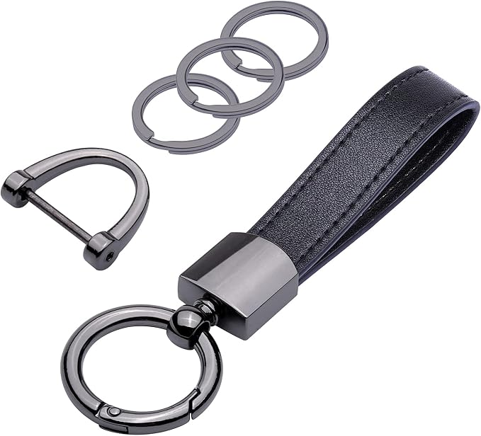 Wisdompro Genuine Leather Car Keychain, Universal Key Fob Keychain | Leather Car FOB Key Chain Holder for Men and Women, 360 Degree Rotatable, with Anti-lost D-ring and 3 Keyrings