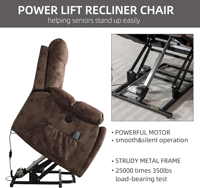 Power Lift Recliner Chair with Massage and Heat for Elderly, Overstuffed Wide Recliners, Heavy Duty and Safety Motion Reclining Mechanism with USB Ports, 2 Concealed Cup Holders, Chocolate