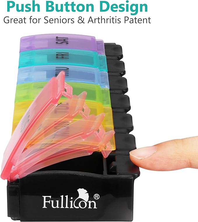 Fullicon Weekly Pill Box Organizer, 7 Day Tablet Boxes for Vitamins and Supplements, Easy to Open Large Medicine Box, Portable Push Button Arthritis Friendly Medication Organizer for Travel