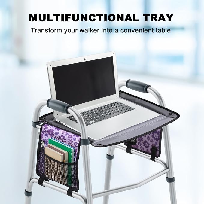 Walker Tray for Folding Walker with Cup Holder, Detachable Tray for Walker, Walker Accessories for Senior with Non-Slip Mat, Universal Fit for Meals, Drinks, Reading,Laptop (Purple with Side Pockets)