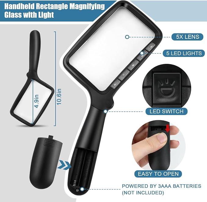 Folding Handheld Magnifying Glass with Light, 5X Large Rectangle Reading Magnifier with Dimmable LED for Seniors with Macular Degeneration, Newspaper, Books, Small Print, Lighted for Low Visions Black