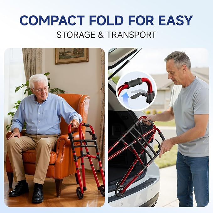 Walkers for Seniors Foldable, Aluminum Lightweight Walker with Wheels, Adjustable Height & Width Standard Walkers for Elderly & Disabled, 350 lbs Capacity, Red
