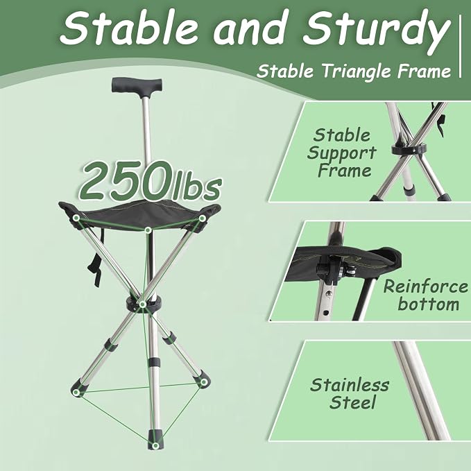 King Mills Lightweight Portable Stools for Adults Heavy Duty, Adjustable Walking Chair for Adults, Anti-Slip Cane Seat Walking Stick Folding Seat 250 Lbs Above Ideal for Camping & Hiking