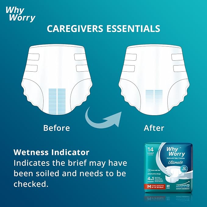 WhyWorry Ultimate Adult Diapers for Men and Women, Disposable Adult Briefs for Incontinence, Incontinence Briefs with Tabs, Ultimate Absorbency, Odor Control, XLarge, 56 Count (4 Packs of 14)
