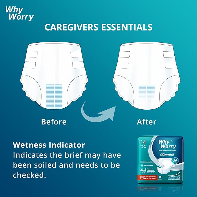 WhyWorry Ultimate Adult Diapers for Men and Women, Disposable Adult Briefs with Tabs for Incontinence, Unisex Incontinence Briefs with Tabs, Ultimate Absorbency, Odor Control, Large, 14 Count
