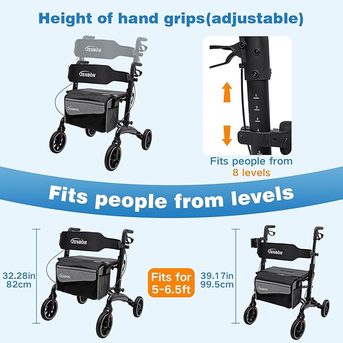 Rollator Walker for Seniors/Adults Foldable Rolling Walker with Seat 330 lbs Capacity 4 Big 8 inch Wheels Hand Grips Adjustable Height Lightweight Carbon Fiber Walker 7206(Black)