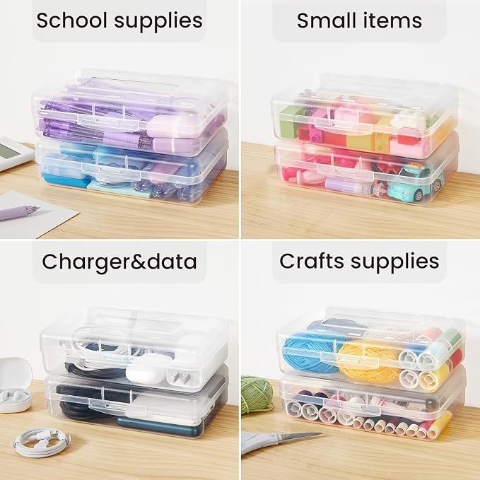 6 Pack Pencil Box, Sooez School Box, Hard Pencil Boxes for School Supplies Bulk, Large Plastic Pencil Case with Lid, Clear Pencil Container, Stackable School Box Crayon Boxes Bulk for Kids, Pink