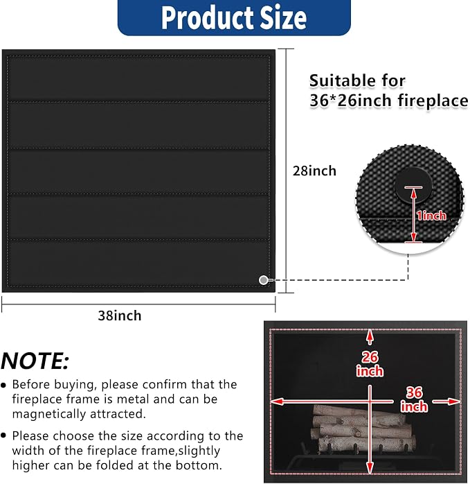 Fireplace Cover, Magnetic Fireplace Blocker Blanket Stops Heat Loss, Indoor Fireplace Draft Stopper Save Energy, Magnetic Fireplace Draft Cover for Iron Fireplace Frame (38"x28")