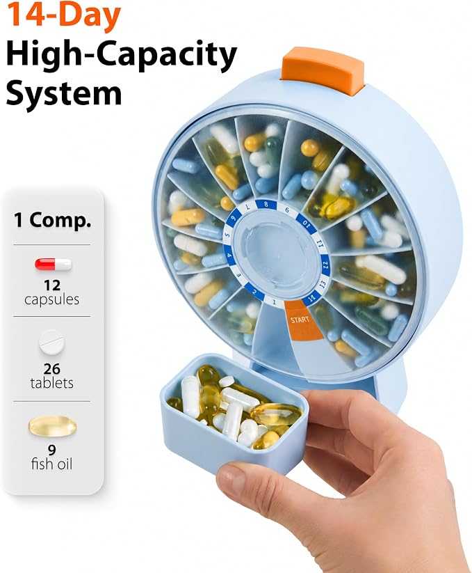 Pill Dispenser 14 Day – Rotating Medicine Organizer Wheel with Push Button, Wall Mounted or Desktop Manual Pill Dispenser for Elderly & Seniors, Large Capacity Vitamin & Medication Organizer