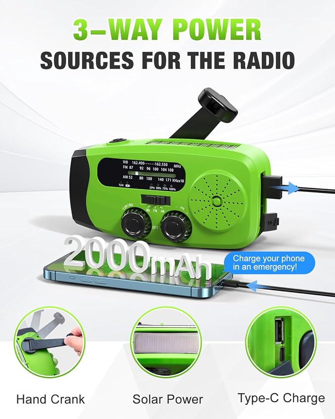 Hand Crank Radio with AM/FM/NOAA Weather Bands,for Emergencies, Camping | 3 LED Flashlights,SOS Function,Solar Powered,Hand Cranked, 2000mAh/7400mWh Charger,for Power Outage - Green