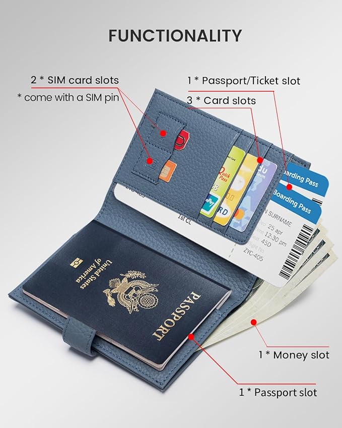 Karmiir RFID Slim Passport Holder for Man & Women, Compact Leather Passport Wallet with Card Holders SIM Slots, Zippered Coins Pocket and Cash Holder Travel Passport Cover Case, Dark Blue