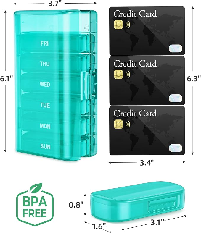 PULIV Weekly Pill Organizer with Large Capacity, Dual Protection Pill Box 7 Day, Arthritis Friendly Pill Case Easy to Open, Medicine Organizer for Vitamins, Medications, Fish Oils, Supplements (Cyan)