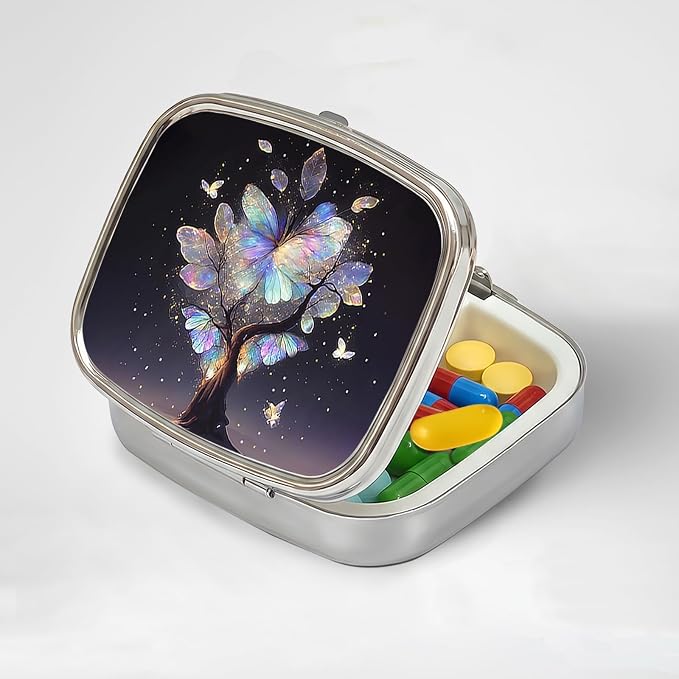 LRITER Pill Case, 2 Compartment Portable Small Travel Pill Organizer for Purse and Pocket, Stylish Medicine Case with Multiple Patterns, Daily Pillbox for Home & Travel (Butterfly Tree)