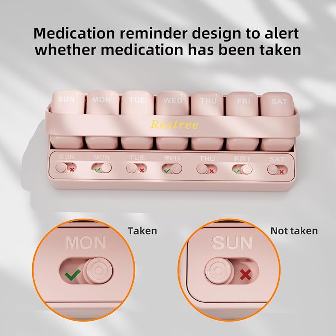 Restree Weekly Pill Organizer 7 Day, Large Capacity Pill Box with Reminder Indicator, Easy Slide Open Detachable Travel Pill Case for Vitamins Supplements & Daily Medications (Pink)