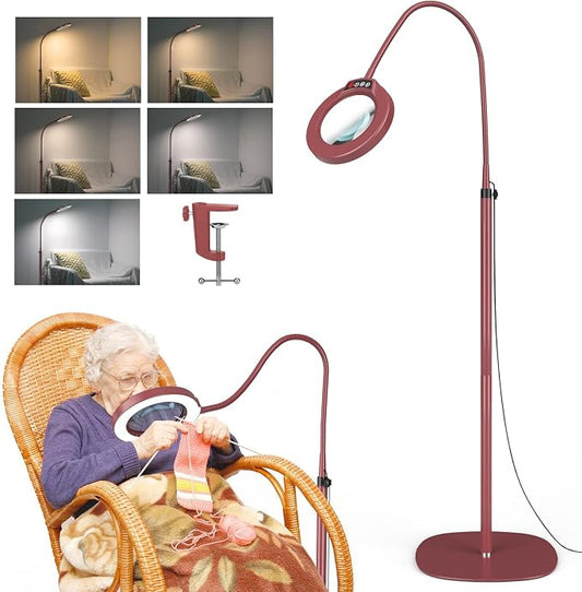 10X Magnifying Glass with Light and Stand, 24" Flexible Gooseneck Magnifying Floor Lamp, 3-in-1 LED 5 Color Modes Stepless Dimmable Lighted Magnifier Hands Free for Close Work, Reading - Red