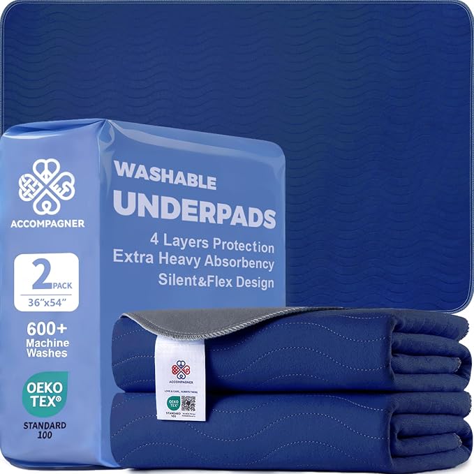 Accompagner Incontinence Bed Pads Washable Waterproof, Ultra-Absorbent Reusable Underpads for Diaper Changing, Nursing, Bedridden, Adults, Seniors, Kids and Dogs (Navy, 36"x54"(Pack of 2))