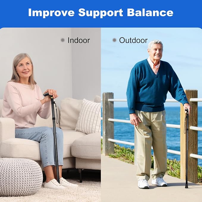 MFE Folding Cane, Portable 5-Level Adjustable Height Walking Stick with Foldable Design, Wrist Strap, and T Handle for Men and Women