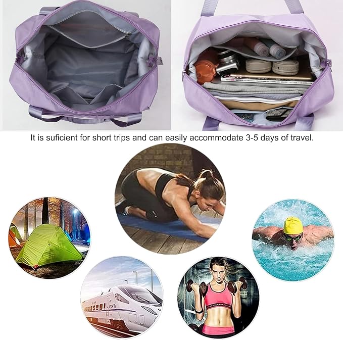 Large Capacity Folding Travel Bag, Lightweight Waterproof Luggage Bag, Expandable Travel Duffel Bag, Dry Wet Separated Gym Tote Bag, Weekender Overnight Bags for Women and Man (Light Purple)