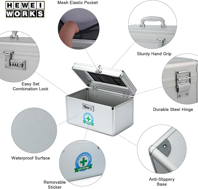 Medication Lock Box with Combination, Lockable Medicine Storage Box, Empty First Aid Box, Security Lock Box, Medical Organizer, Multipurpose Locking Box for Home and Outdoor (Silver, Medium)