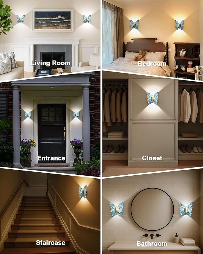 Eneru Motion Sensor Wall Sconce Set of 2, Rechargeable Wall Lights, Indoor | 5000mAh Battery Operated Wall Sconces, Magnetic Butterfly Motion Night Light for Hallway Stair Closet Pantry, Blue & Gold