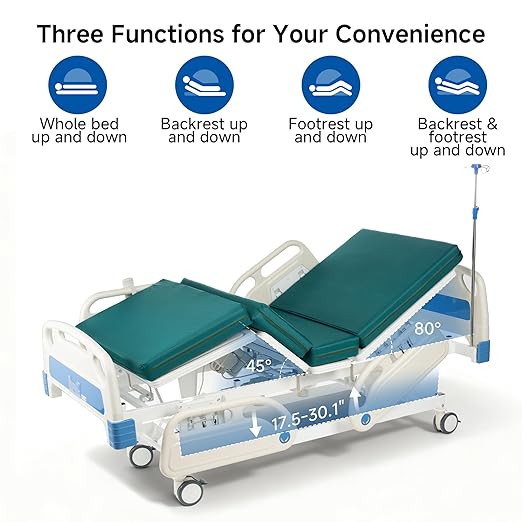 Hospital Bed Electric 5 Function with Trendelenburg & Reverse Trendelenburg, 5" Lockable Casters for Home Hospital Use, 530LBS Loading, with IV Pole, Mattress, Includes Sheets (2X)