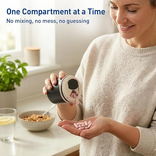 EZY DOSE Mini Pill Organizer, 4-Compartment Vitamin & Medication Case with Screw-Top Secure Seal + Sliding Dispenser, Compact Bottle-Replacement for Purse, Work, Cruise & Travel, Large, Black/Cream