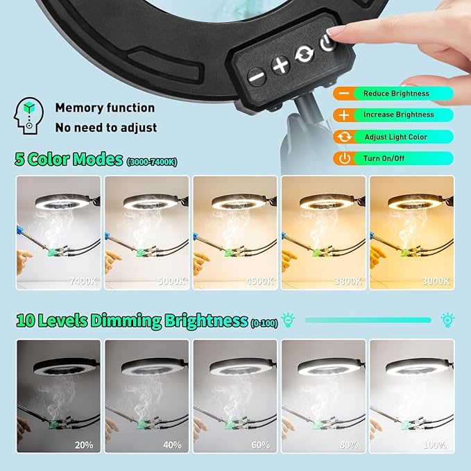 12X 30X Magnifying Glass with Light and Clamp, Soldering Helping Hand | 3-Section Swing Arm Hands-Free Workbench Lighted Magnifier, 5 Color Stepless Dimming, LED Desk Lamp for Craft Hobby Painting