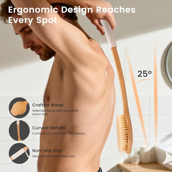 Back Scrubber for Shower，17in Bamboo with Curved Long Handle - Stiff Natural Boar Bristles for Men and Women, Deep Cleansing and Exfoliating, Anti-Slip Grip for Wet or Dry Brushing