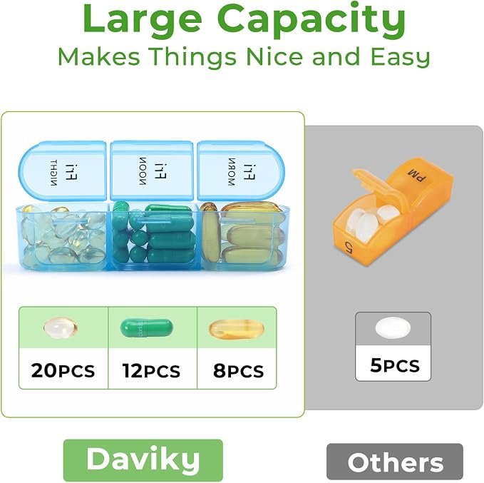 Daviky Daily Pill Box Organizer - 7 Day Pill Box with 3 Compartments, Holds Vitamins and Medication