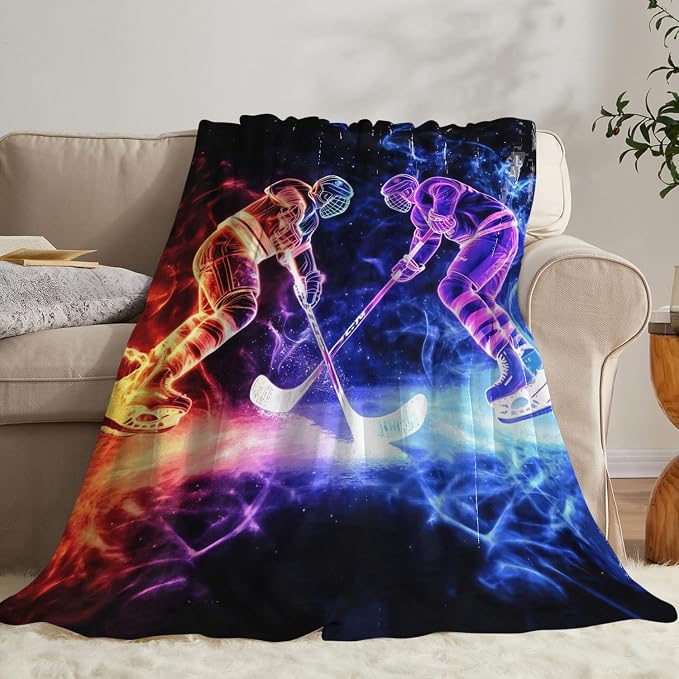 Yibuda Neon Hockey Player Blanket Ice Hockey Flannel Plush Throw Blanket Cozy Sports Fans Decor Fleece Stuff Blanket Gifts for Lover Girls Boys Kids Adults Women Bed Travel 50"x60"