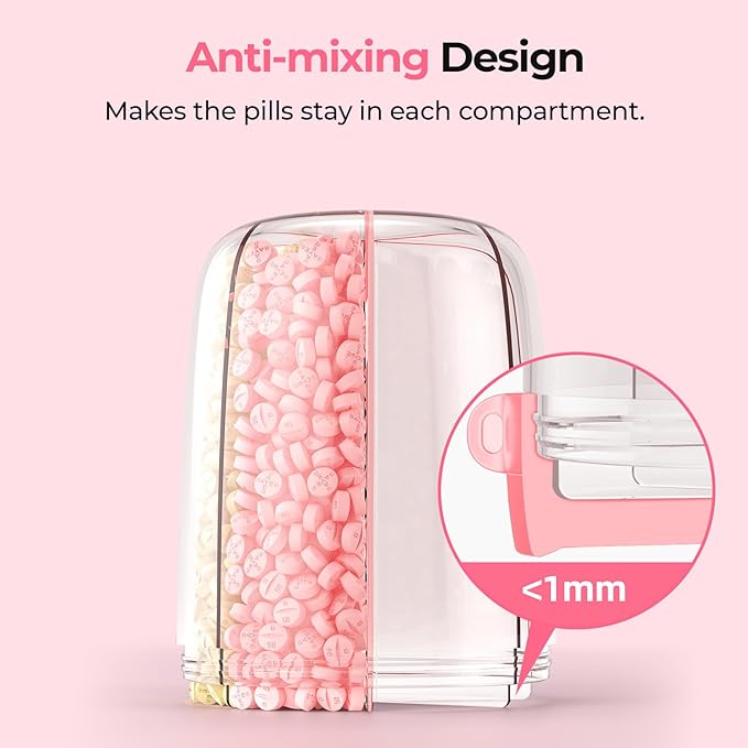 AUVON Large Pill Organizer, Pill Dispenser for Holding 6 Various Vitamins, Pill Box Case with Anti-Mixing & Wide Opening Design, Easy to Retrieve Meds, Includes 20 Pcs Stick-on Labels