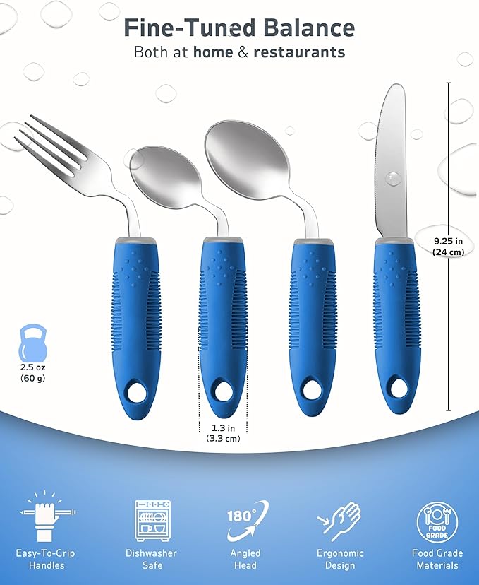 4-Piece Adaptive Utensils Set - 42°Angled Parkinsons Utensils, Weighted Utensils for Tremors and Parkinsons Patients, Blue (Right-Handed)