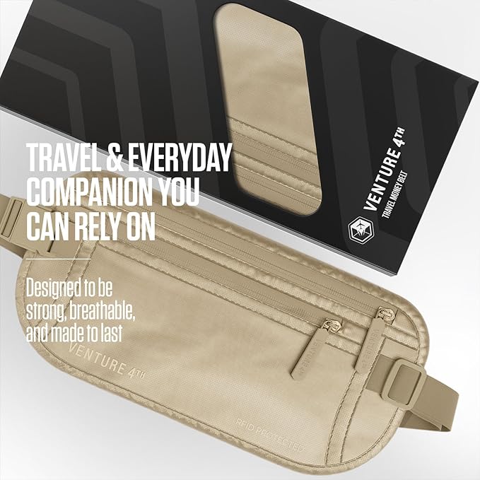 VENTURE 4TH Travel Money Belt, RFID Blocking Passport Holder - Sleek Beige