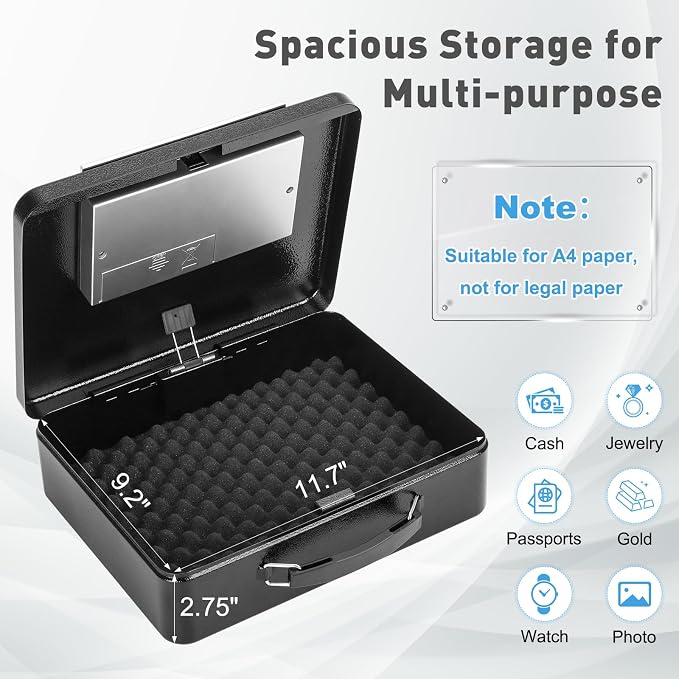 KYODOLED Safe Box with Digital Keypad Lock, Lock Box with Code for Personal Items, Metal Security Box for Cash, Passport, Jewelry, Ideal for Home, Office, Garage Sale, 11.8'' x 9.4'' x 3.5'', Black