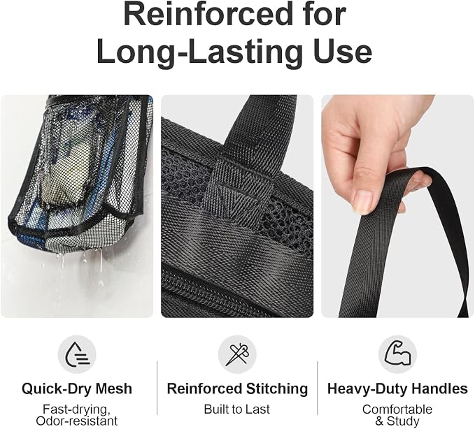Small Mesh Shower Caddy Portable - Zipper Gym Shower Bag for Travel, Black | 3 Pockets, Quick-Dry Mesh, S-Hook, Hanging Shower Caddy for Toiletry Essentials, Bathroom & Camping