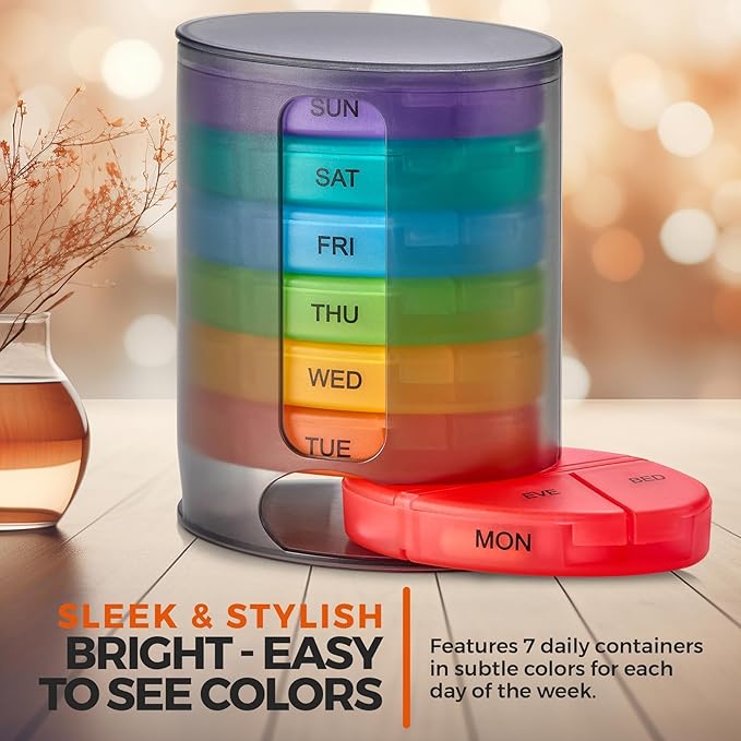 MEDca Weekly Pill Organizer, 1 Dispenser, 7 Stackable Multi-Color Compartments Four Times-a-Day - Morning, Noon, Evening, and Bedtime, Black