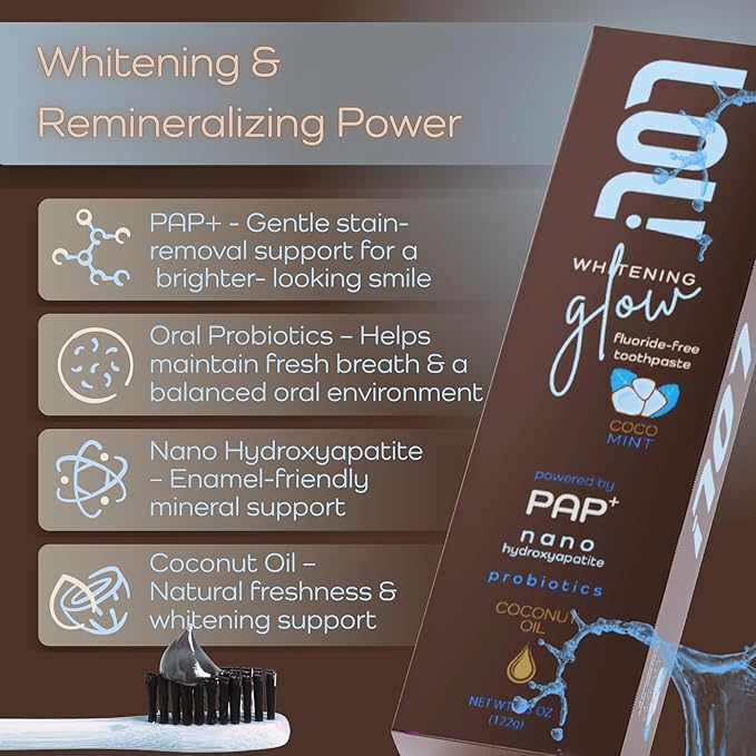 LOL Whitening Glow Coco-Mint Toothpaste Whitening with Pap+ Technology, Nano Hydroxyapatite Toothpaste, Coconut Oil, Probiotics & Xylitol, Fluoride Free, 4.3 oz