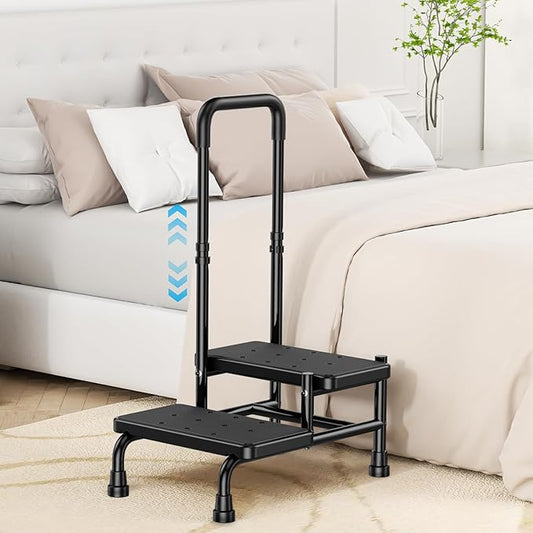 2 Step Stool with Handle for Elderly Adults and Seniors Heavy Duty Non Slip Bed Steps for High Beds with Adjustable Handrail 400 lbs Capacity for Kitchen Bathroom Bathtub