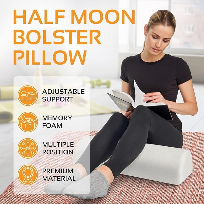 AllSett Health Large Half Moon Bolster Pillow for Legs, Knees, Lower Back and Head, Lumbar Support Pillow for Bed, Sleeping | Semi Roll for Ankle and Foot Comfort - Machine Washable Cover, White