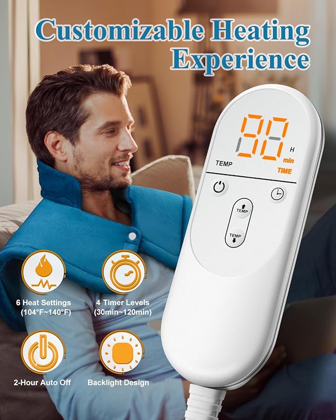 Heating Pad for Neck Shoulders Pain Relief, Christmas Gifts for Men Women Mom Dad Seniors, Electric Weighted Heated Wrap 6 Heat Settings 4 Timers Auto Off, Birthday Anniversary Retirement Gifts, Blue