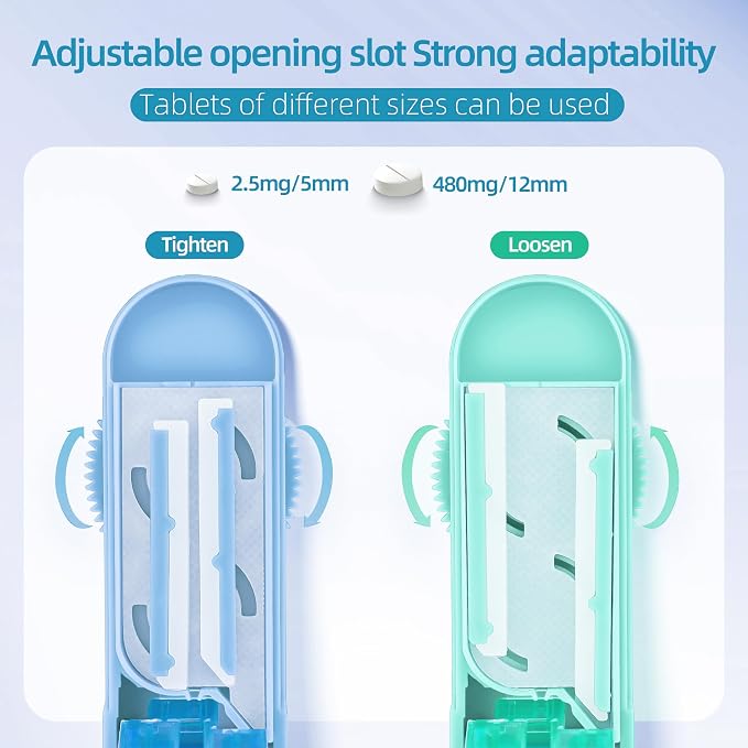 DUBSTAR 2PCS Pill Cutter Splitter for Small and Tiny Pills, Multiple Pill Cutters for Small or Large Pills, Adjustable Pill Splitter with Centering Device and Blade Guard (Blue+Cyan)